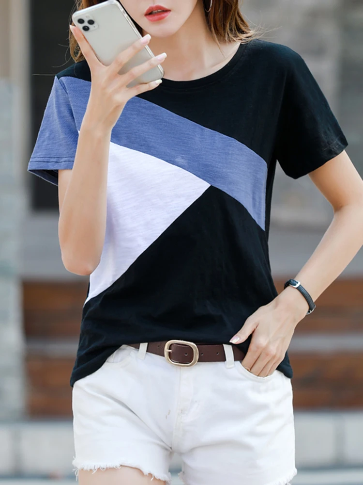 2026 Summer Tshirt Woman 100% Cotton Women Short Sleeve Shirts Tops O-Neck Shirt Tees Loose Patchwork Tops Casual High Quality