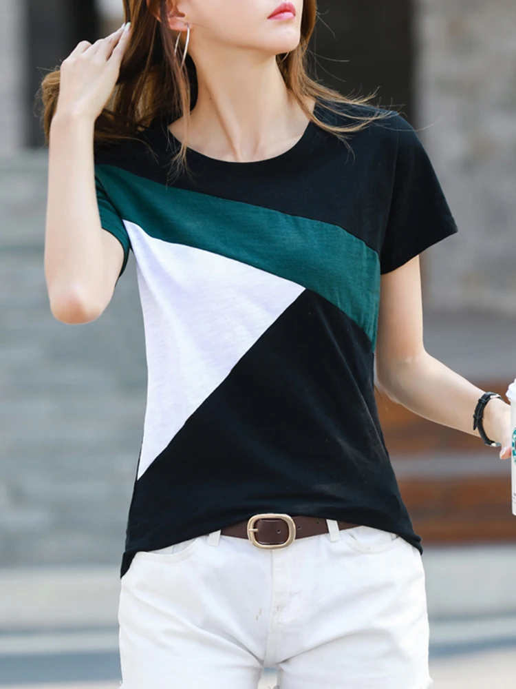 2026 Summer Tshirt Woman 100% Cotton Women Short Sleeve Shirts Tops O-Neck Shirt Tees Loose Patchwork Tops Casual High Quality