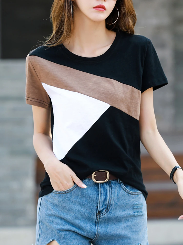 2026 Summer Tshirt Woman 100% Cotton Women Short Sleeve Shirts Tops O-Neck Shirt Tees Loose Patchwork Tops Casual High Quality