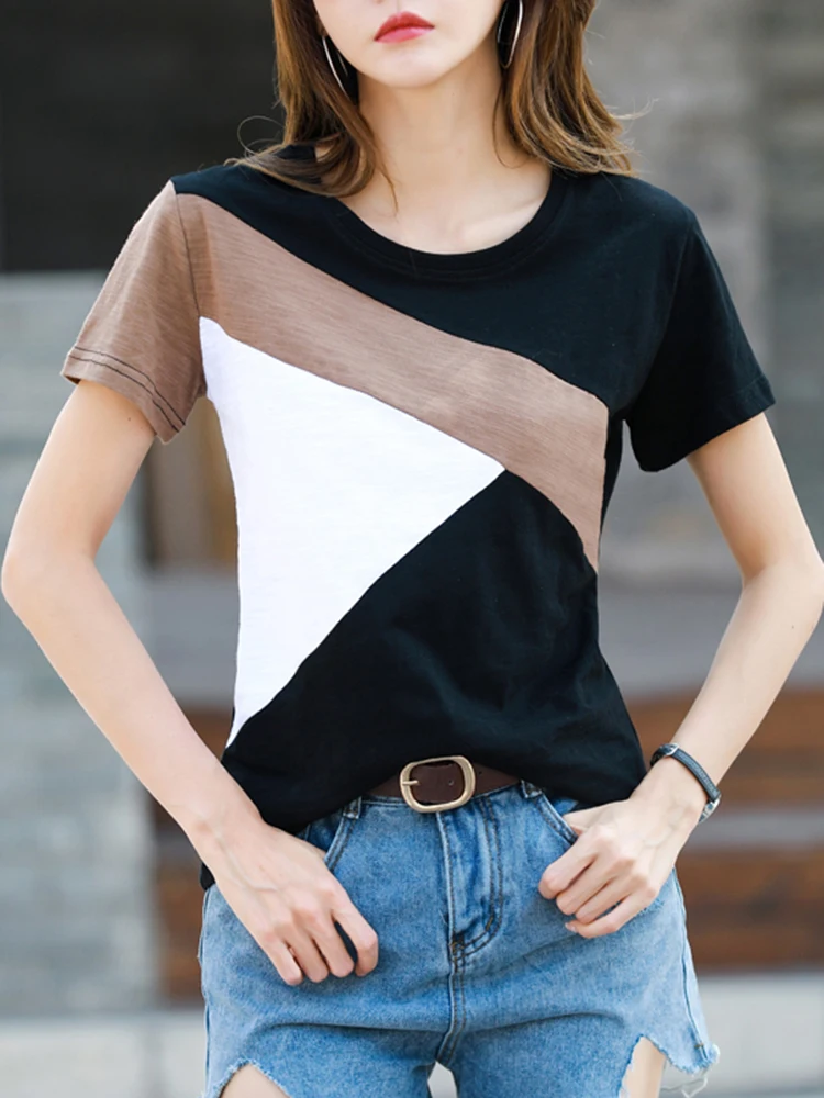 2026 Summer Tshirt Woman 100% Cotton Women Short Sleeve Shirts Tops O-Neck Shirt Tees Loose Patchwork Tops Casual High Quality