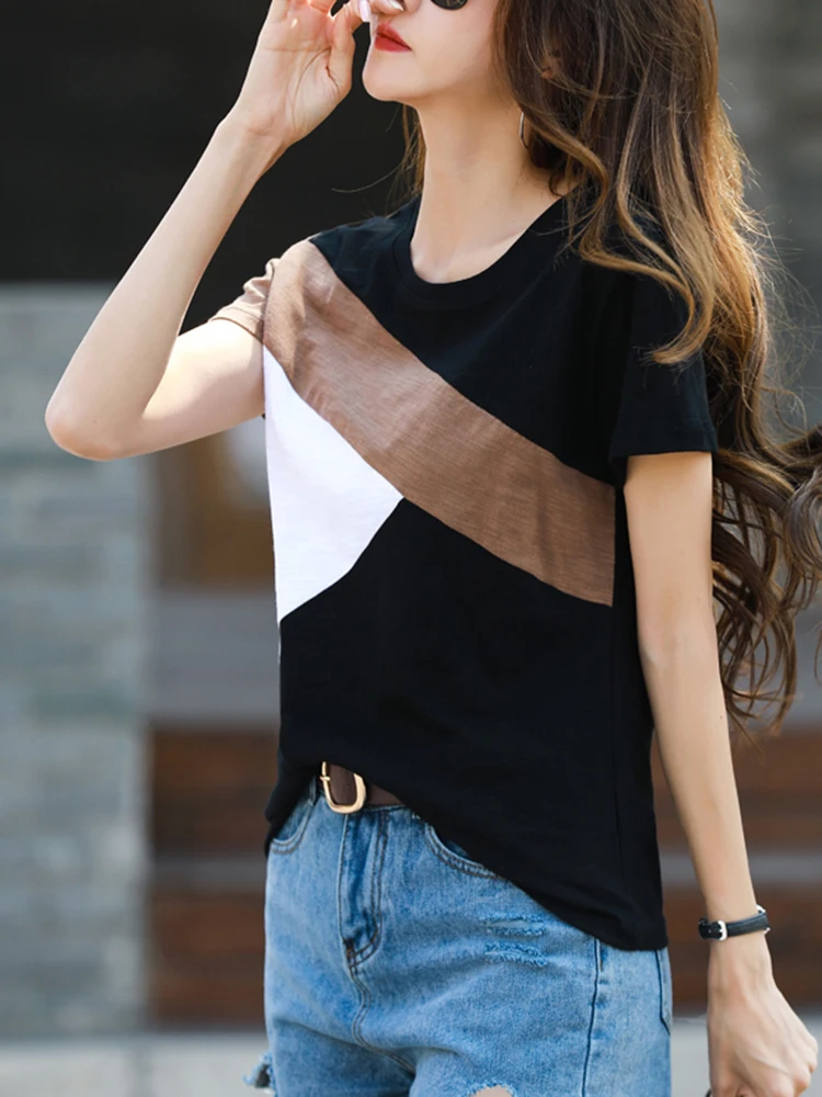 2026 Summer Tshirt Woman 100% Cotton Women Short Sleeve Shirts Tops O-Neck Shirt Tees Loose Patchwork Tops Casual High Quality