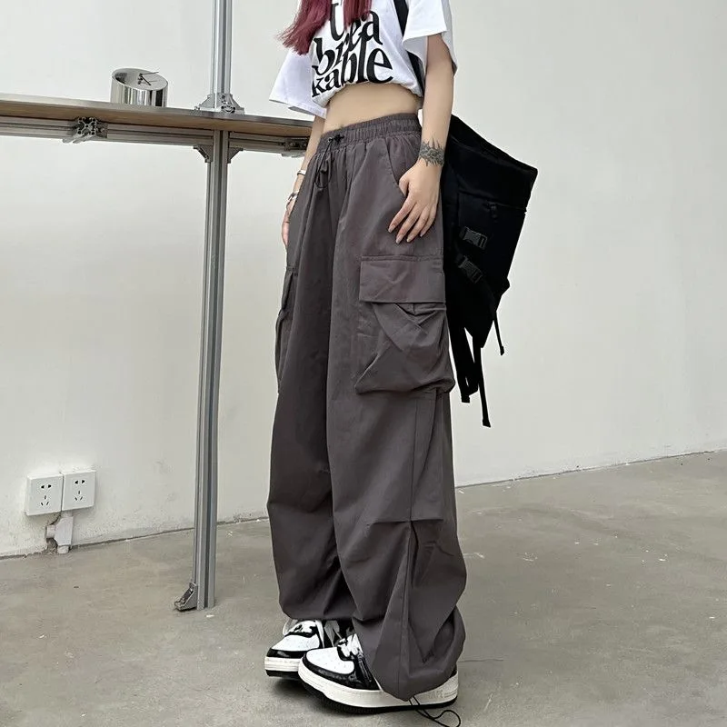 Women Casual Baggy Cargo Pants Solid Low Waist Joggers Tech Pants Drawstring Wide Leg Baggy Trousers Y2K Streetwear Sweatpants