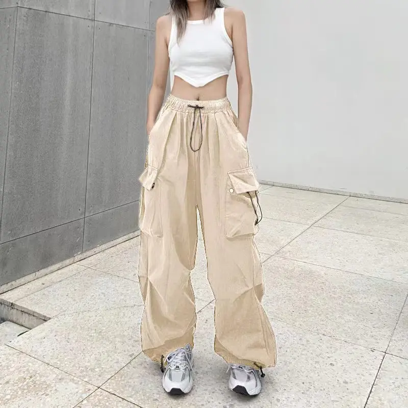 Women Casual Baggy Cargo Pants Solid Low Waist Joggers Tech Pants Drawstring Wide Leg Baggy Trousers Y2K Streetwear Sweatpants
