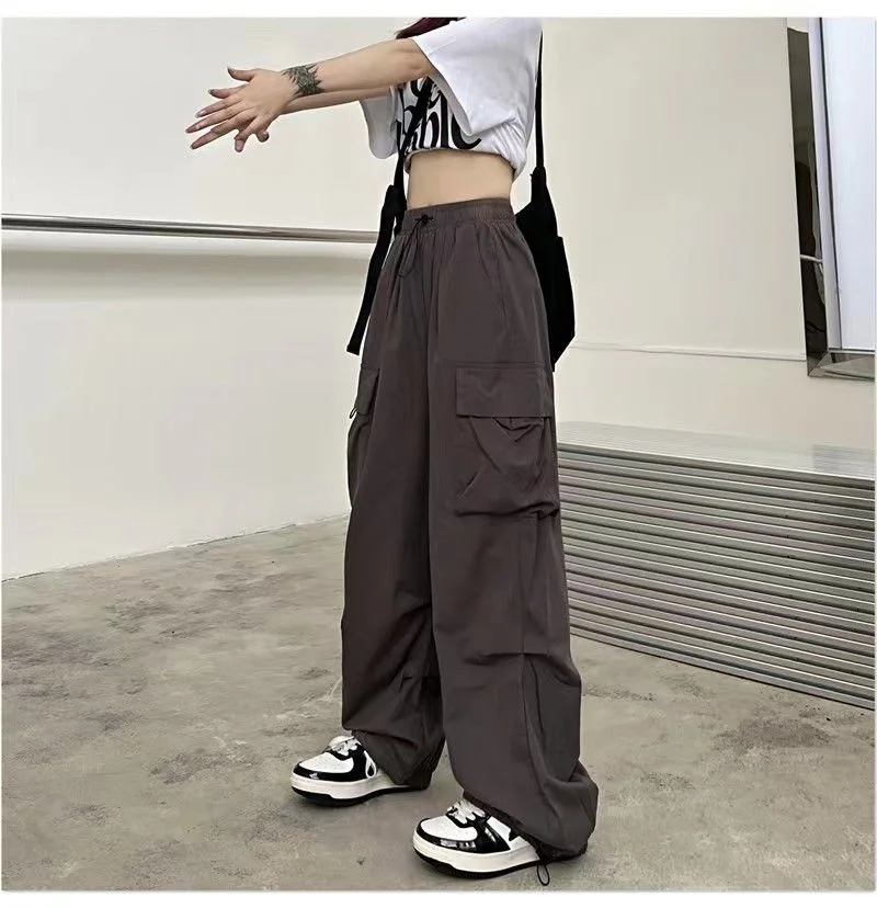 Women Casual Baggy Cargo Pants Solid Low Waist Joggers Tech Pants Drawstring Wide Leg Baggy Trousers Y2K Streetwear Sweatpants