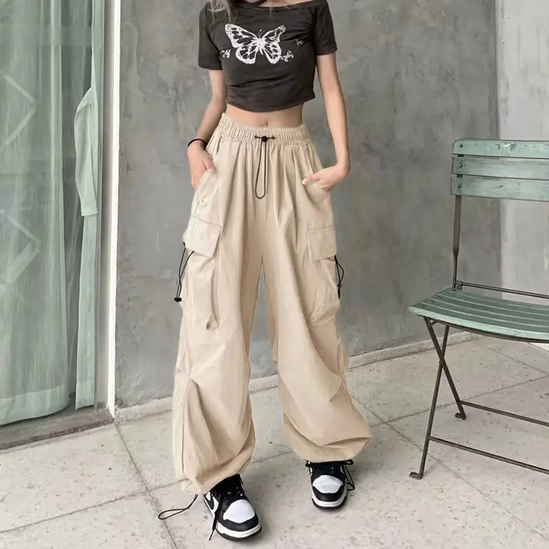 Women Casual Baggy Cargo Pants Solid Low Waist Joggers Tech Pants Drawstring Wide Leg Baggy Trousers Y2K Streetwear Sweatpants