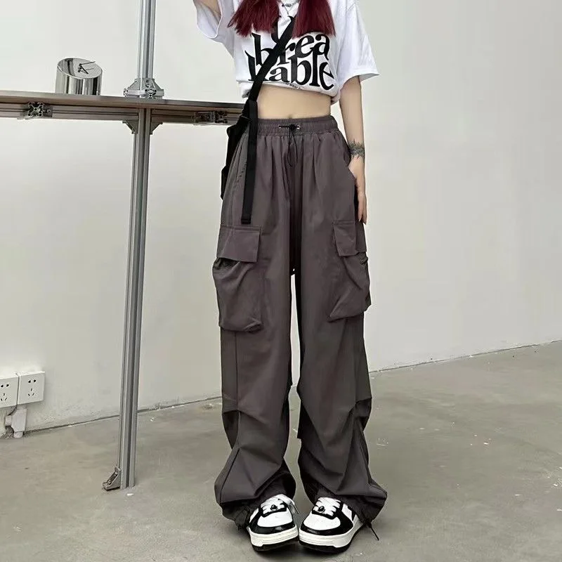 Women Casual Baggy Cargo Pants Solid Low Waist Joggers Tech Pants Drawstring Wide Leg Baggy Trousers Y2K Streetwear Sweatpants