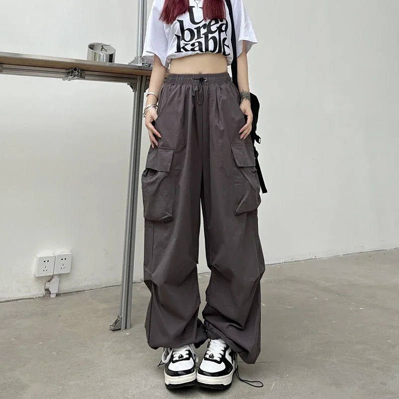 Women Casual Baggy Cargo Pants Solid Low Waist Joggers Tech Pants Drawstring Wide Leg Baggy Trousers Y2K Streetwear Sweatpants