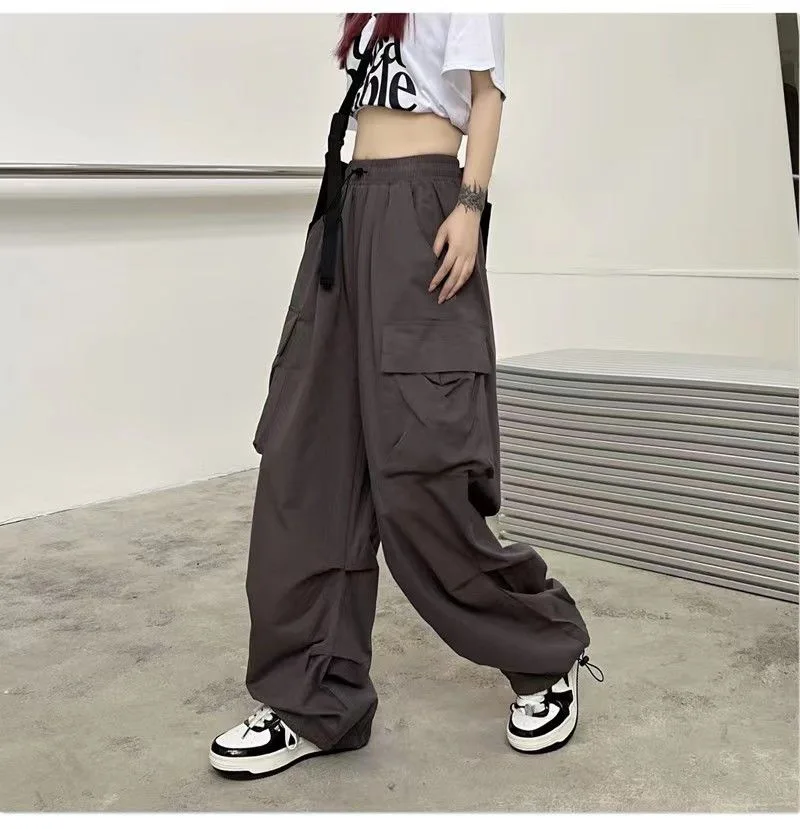 Women Casual Baggy Cargo Pants Solid Low Waist Joggers Tech Pants Drawstring Wide Leg Baggy Trousers Y2K Streetwear Sweatpants