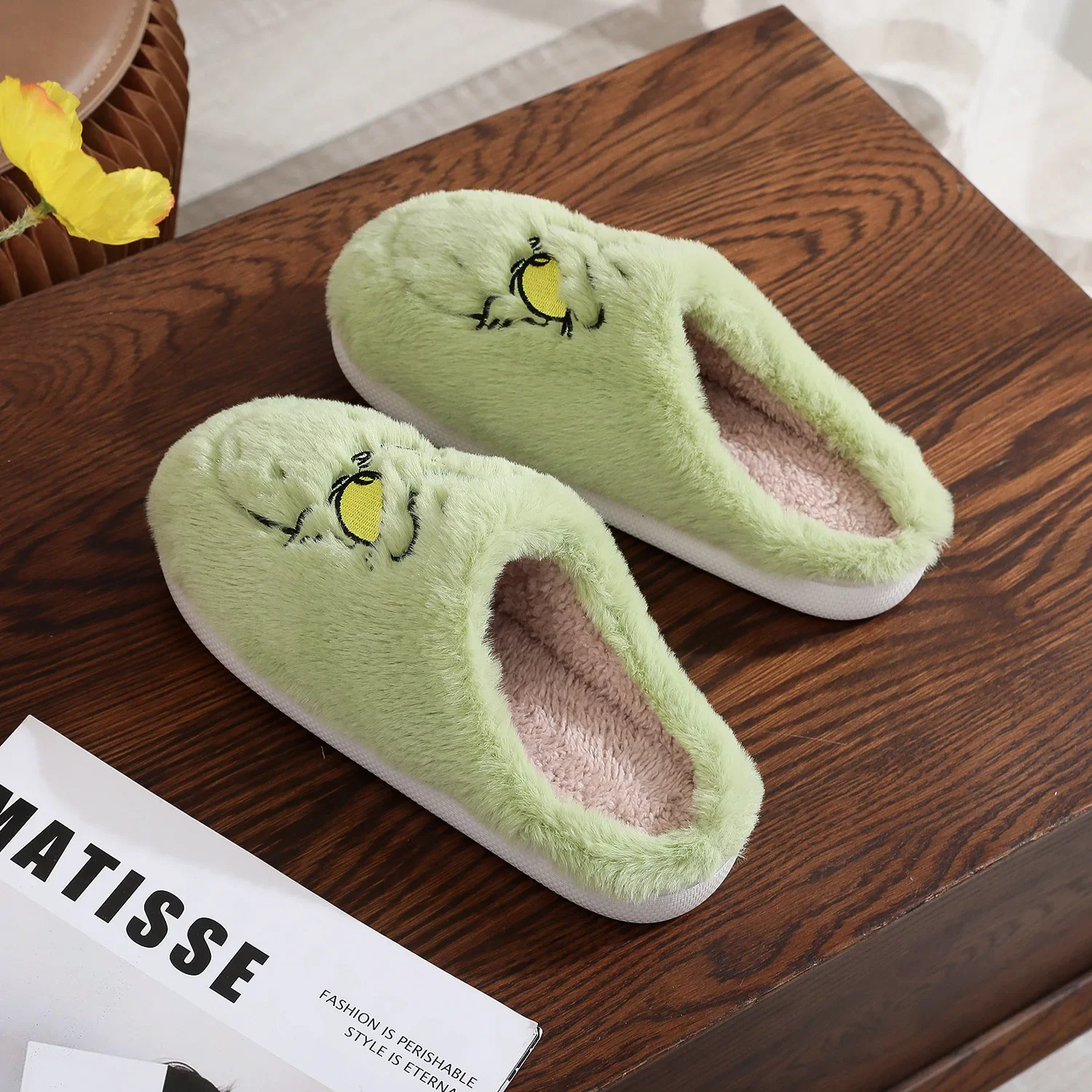 Christmas Plush Slippers Women Winter Warm Cute Home Green Haired Monster Slippers Funny Non Slip Cotten Shoes New Year Gift