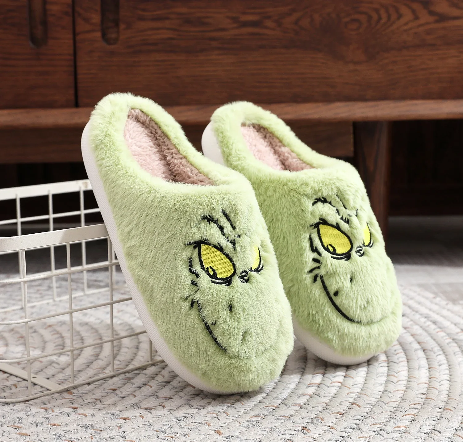 Christmas Plush Slippers Women Winter Warm Cute Home Green Haired Monster Slippers Funny Non Slip Cotten Shoes New Year Gift