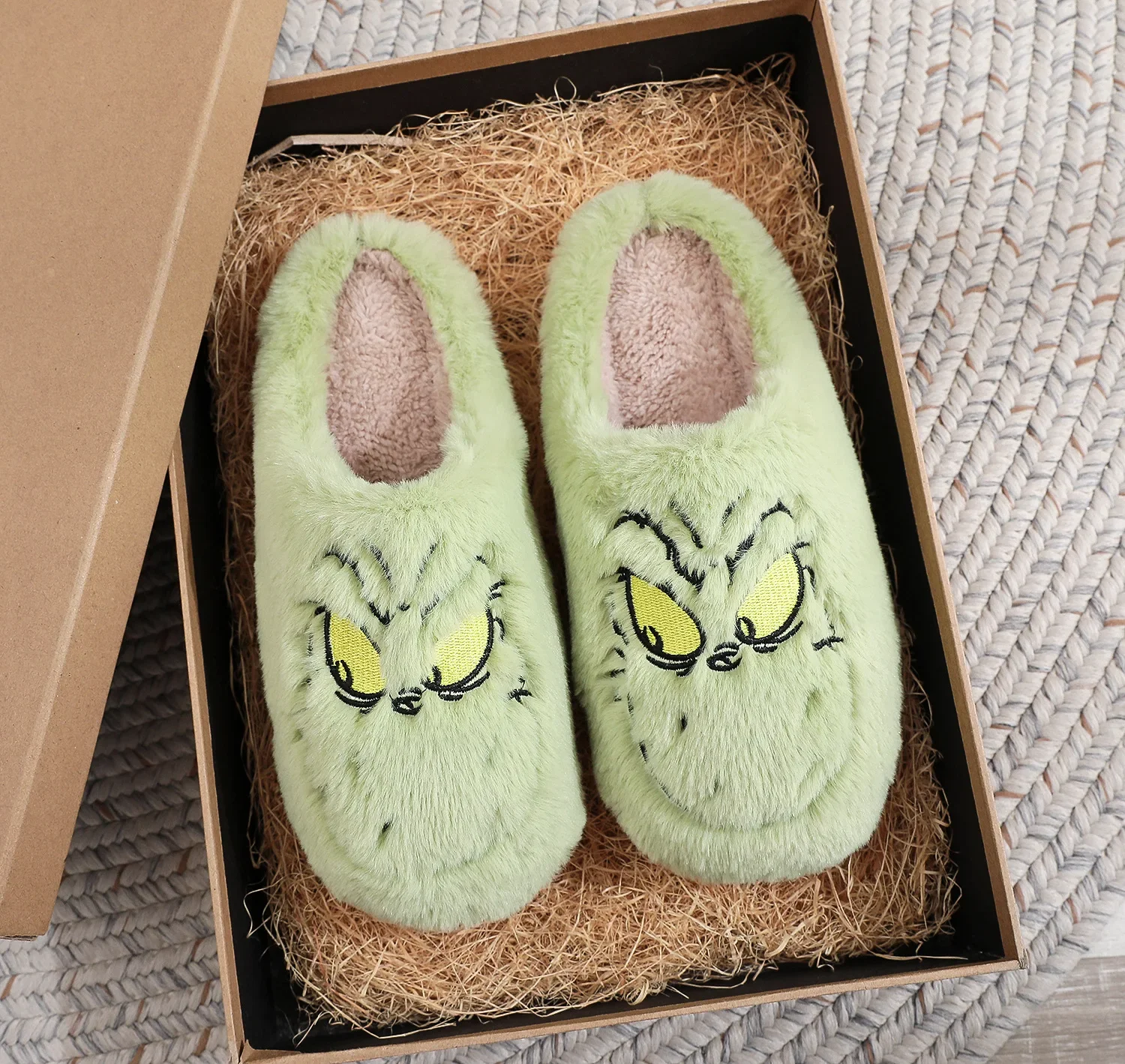 Christmas Plush Slippers Women Winter Warm Cute Home Green Haired Monster Slippers Funny Non Slip Cotten Shoes New Year Gift