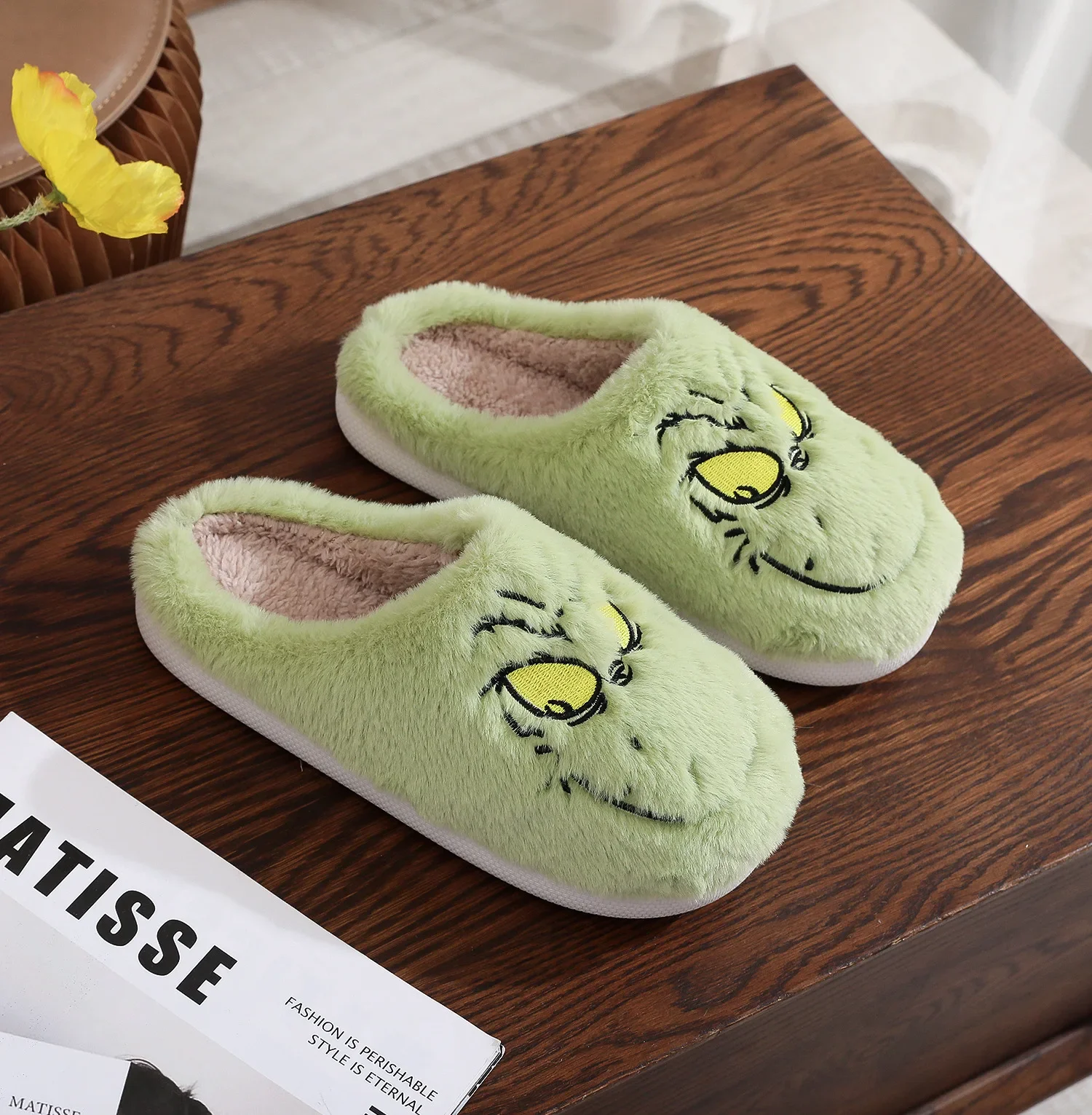 Christmas Plush Slippers Women Winter Warm Cute Home Green Haired Monster Slippers Funny Non Slip Cotten Shoes New Year Gift