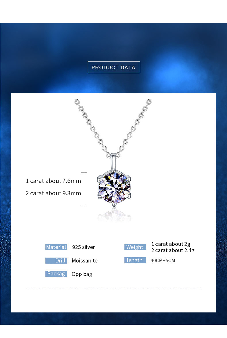 2.0ct VVS1 D Color Moissanite Necklace 925 Soild Sterling Sliver Chain with Certificate Fine Jewelry for Woman