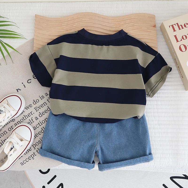 Summer Baby Boy Clothes Set 0-5 Years Old Solid Color Striped Casual Short Sleeve Top with Fashionable Handsome Shorts
