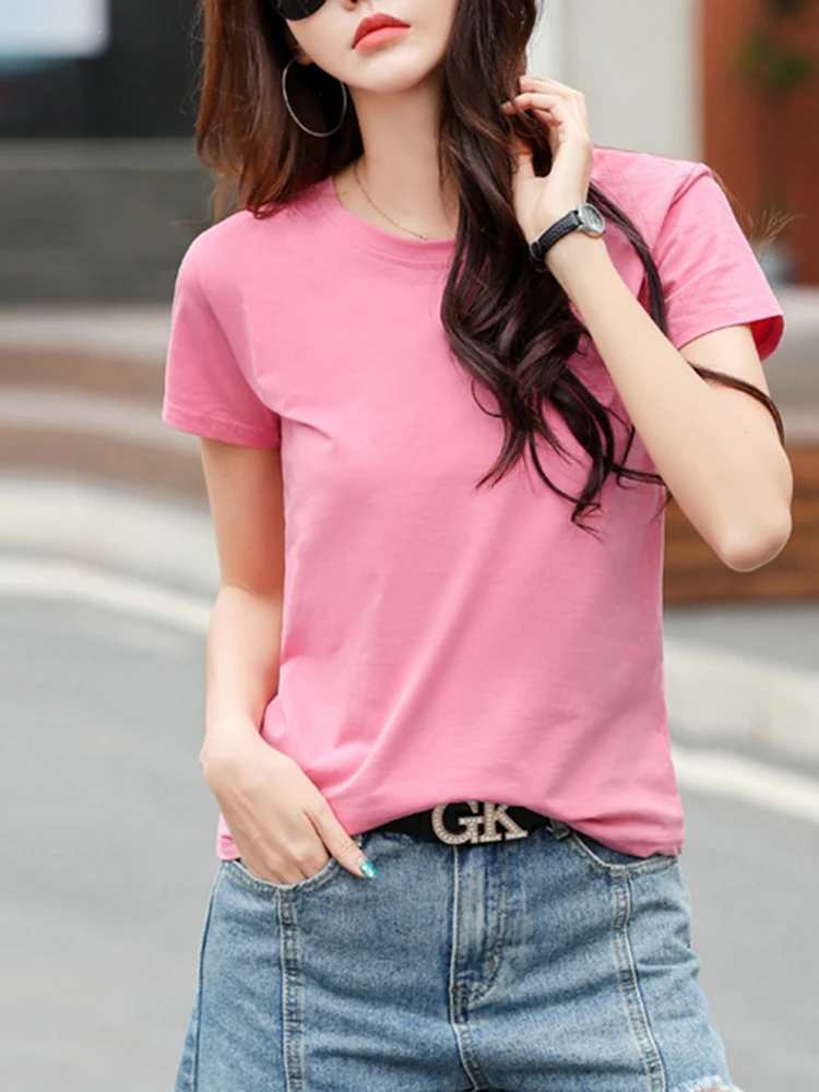 2026 Summer Short Sleeve O-Neck Cotton Pink T-Shirt Women Solid Color Elegant Tshirts Lady Slim Soft Casual Fashion Tops