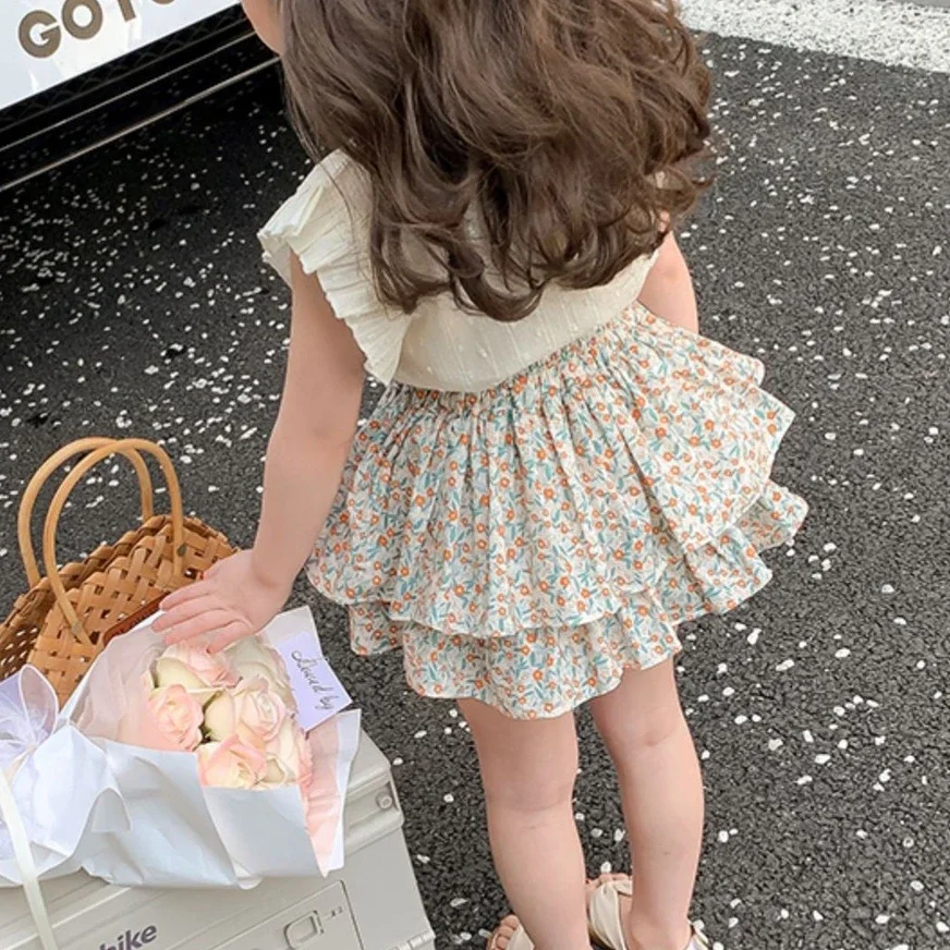 2024 New Girls' Suit Summer Children's Dress Baby Girl Fashionable Children's Top+Skirt Two-Piece Set
