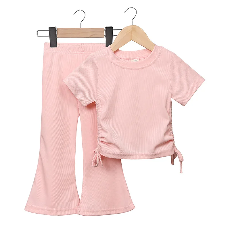 New Korean Short Sleeved Set Summer Solid Color Pullover Top + Flare Pants Thin Casual Two Piece Set Suitable for Girls Aged 2-8