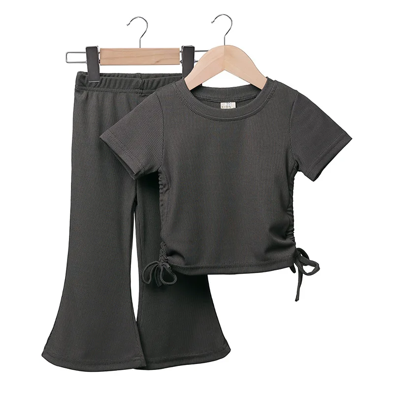 New Korean Short Sleeved Set Summer Solid Color Pullover Top + Flare Pants Thin Casual Two Piece Set Suitable for Girls Aged 2-8