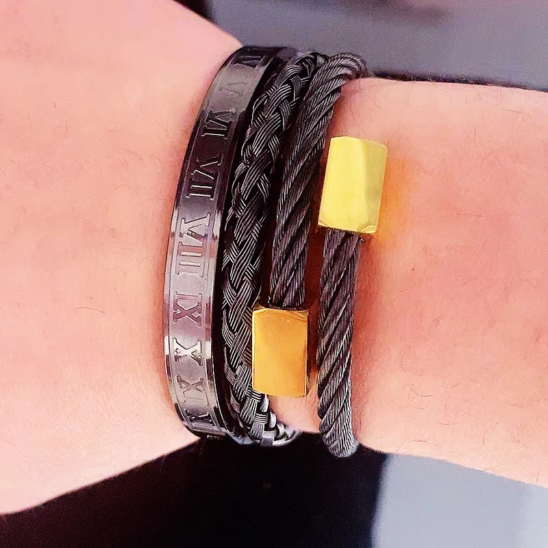 3pcs Luxury Stainless Steel Man Bracelet Set Roman Number Bangles Women Jewelry Couple Gift