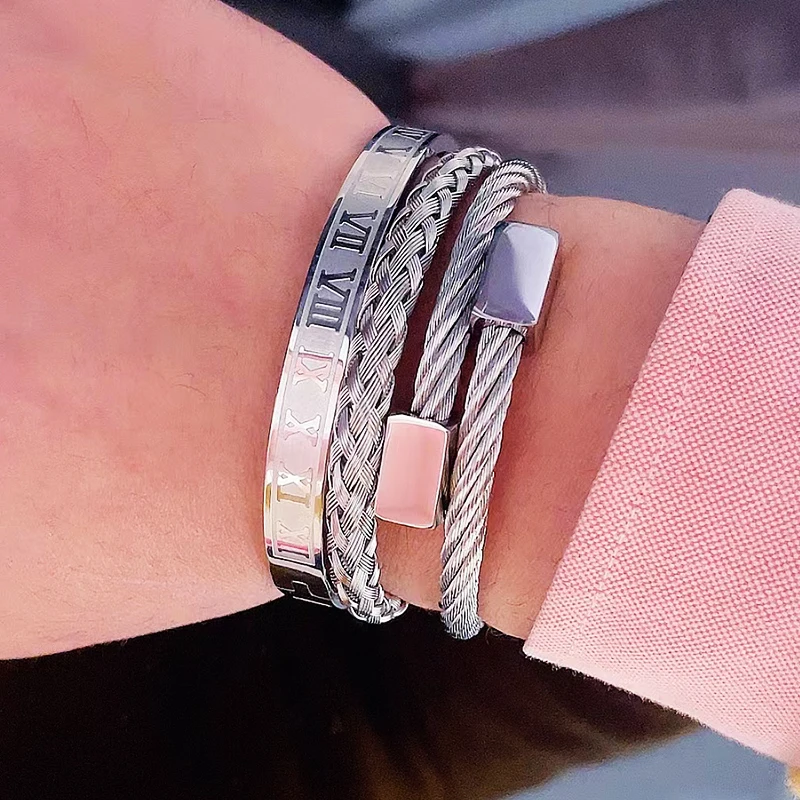 3pcs Luxury Stainless Steel Man Bracelet Set Roman Number Bangles Women Jewelry Couple Gift