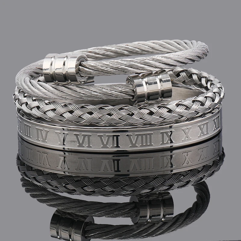 3pcs Luxury Stainless Steel Man Bracelet Set Roman Number Bangles Women Jewelry Couple Gift