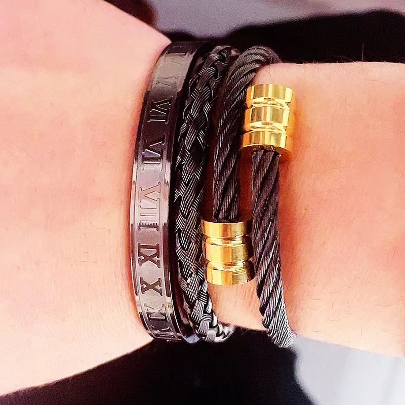 3pcs Luxury Stainless Steel Man Bracelet Set Roman Number Bangles Women Jewelry Couple Gift