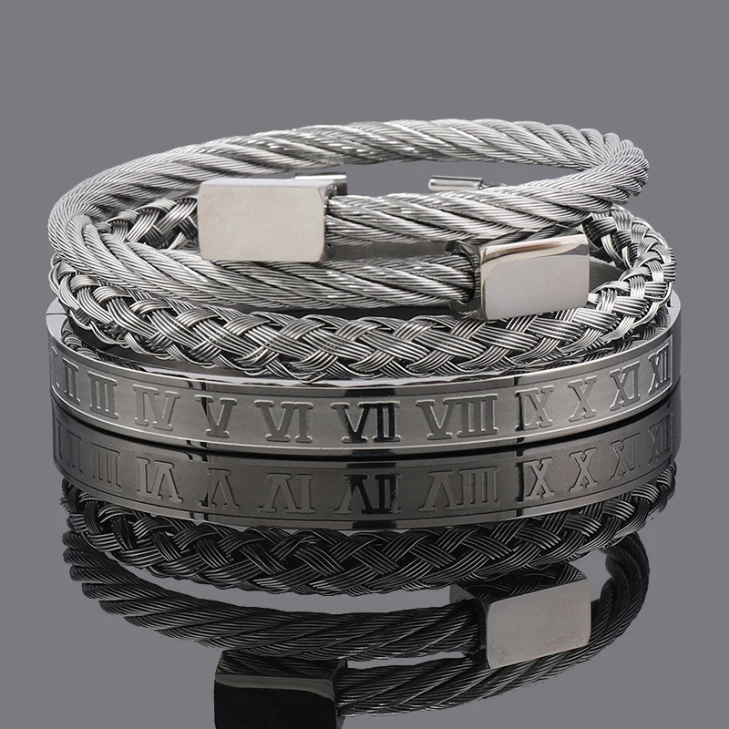 3pcs Luxury Stainless Steel Man Bracelet Set Roman Number Bangles Women Jewelry Couple Gift