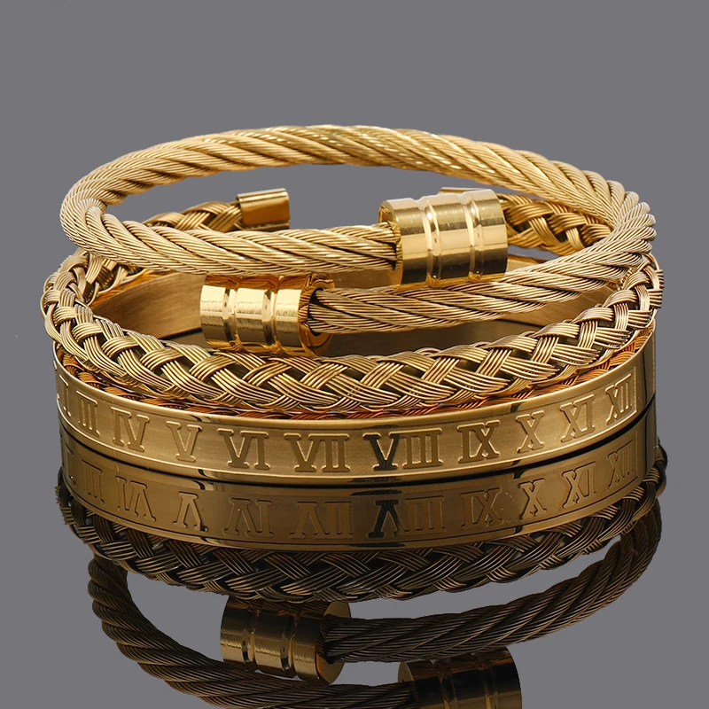 3pcs Luxury Stainless Steel Man Bracelet Set Roman Number Bangles Women Jewelry Couple Gift