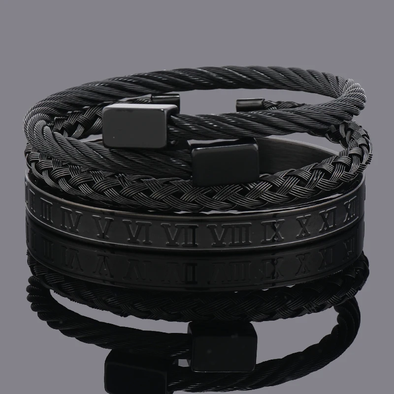 3pcs Luxury Stainless Steel Man Bracelet Set Roman Number Bangles Women Jewelry Couple Gift