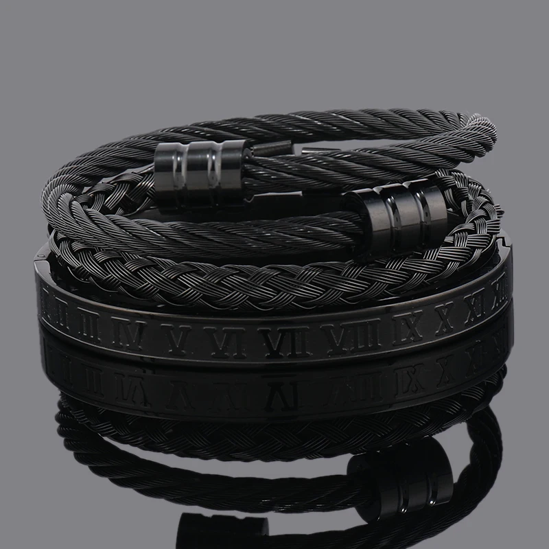 3pcs Luxury Stainless Steel Man Bracelet Set Roman Number Bangles Women Jewelry Couple Gift