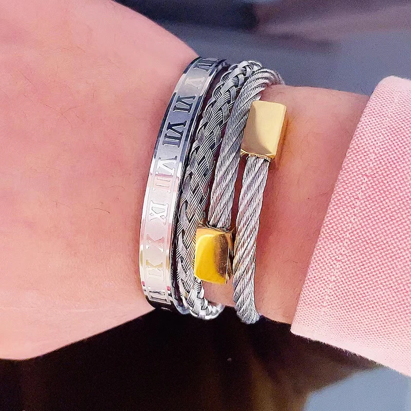 3pcs Luxury Stainless Steel Man Bracelet Set Roman Number Bangles Women Jewelry Couple Gift