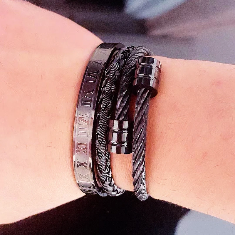 3pcs Luxury Stainless Steel Man Bracelet Set Roman Number Bangles Women Jewelry Couple Gift