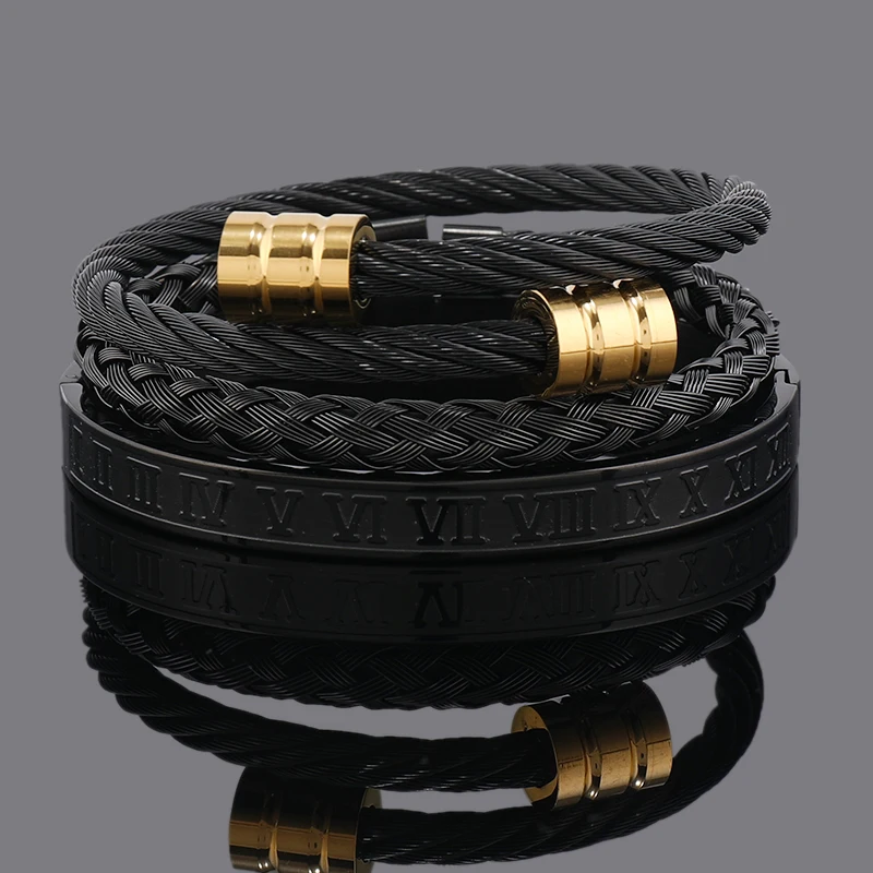 3pcs Luxury Stainless Steel Man Bracelet Set Roman Number Bangles Women Jewelry Couple Gift