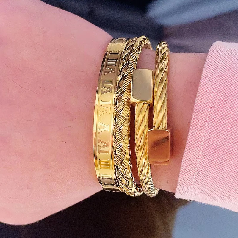 3pcs Luxury Stainless Steel Man Bracelet Set Roman Number Bangles Women Jewelry Couple Gift