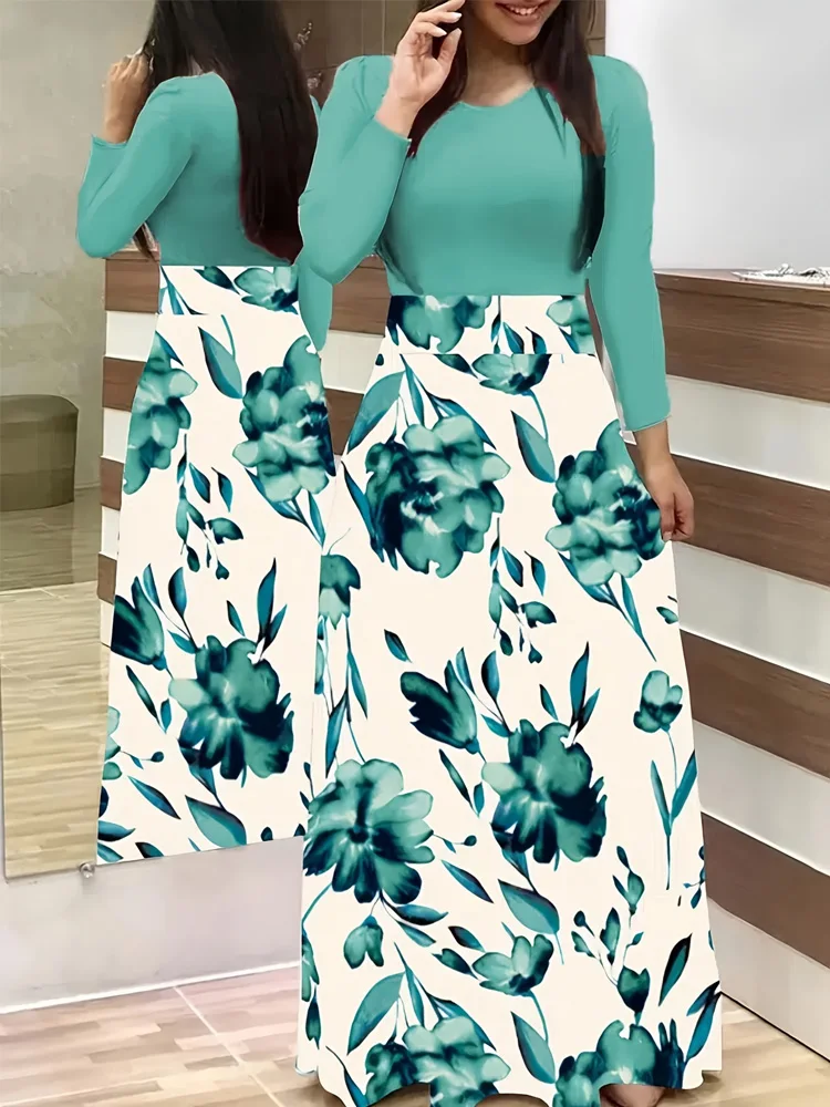 Chic Floral Maxi Dress - Casual Fit & Flare with High-Waist Design, Long Sleeves, and Easy Care Knit for Women
