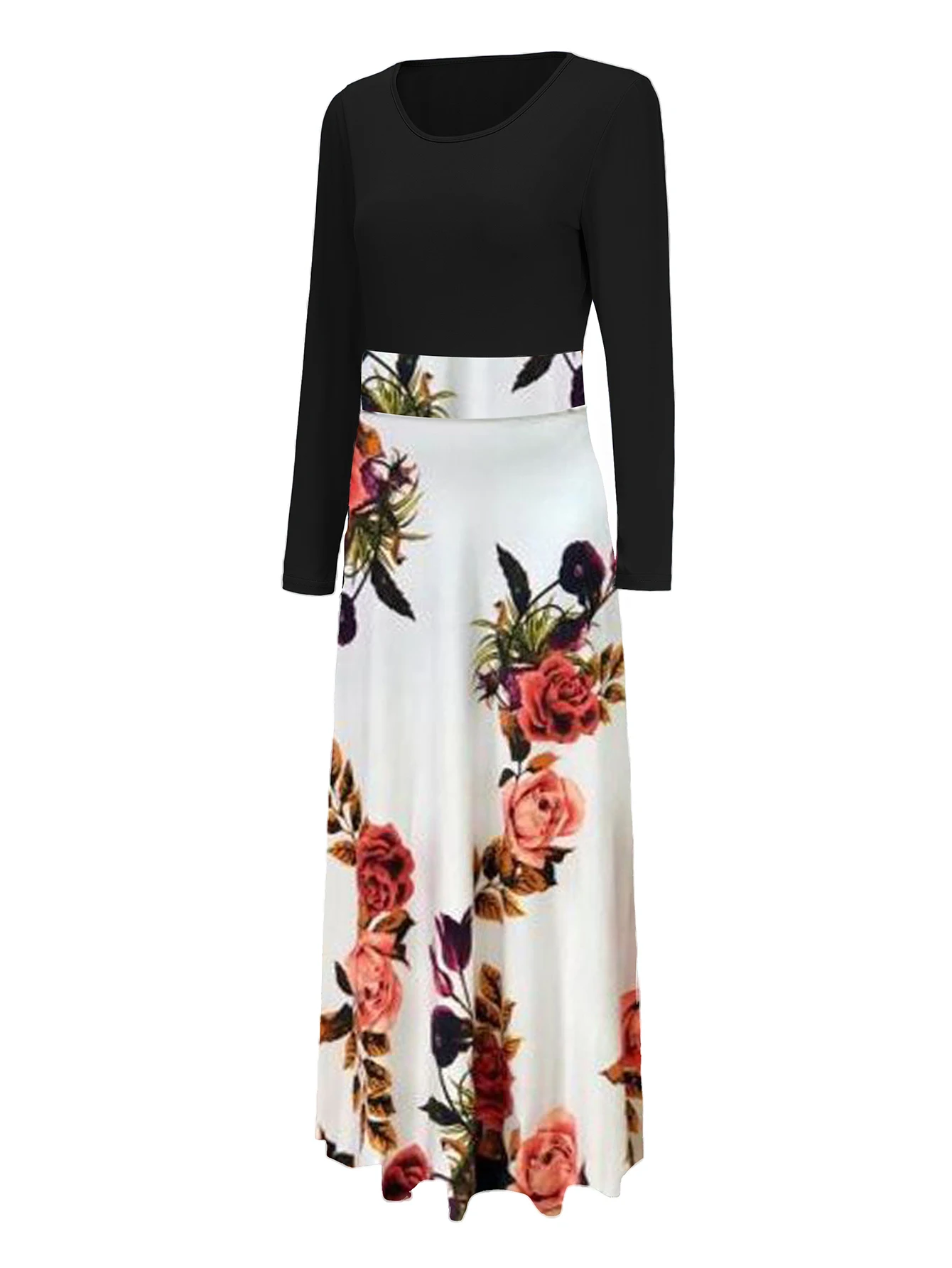 Chic Floral Maxi Dress - Casual Fit & Flare with High-Waist Design, Long Sleeves, and Easy Care Knit for Women