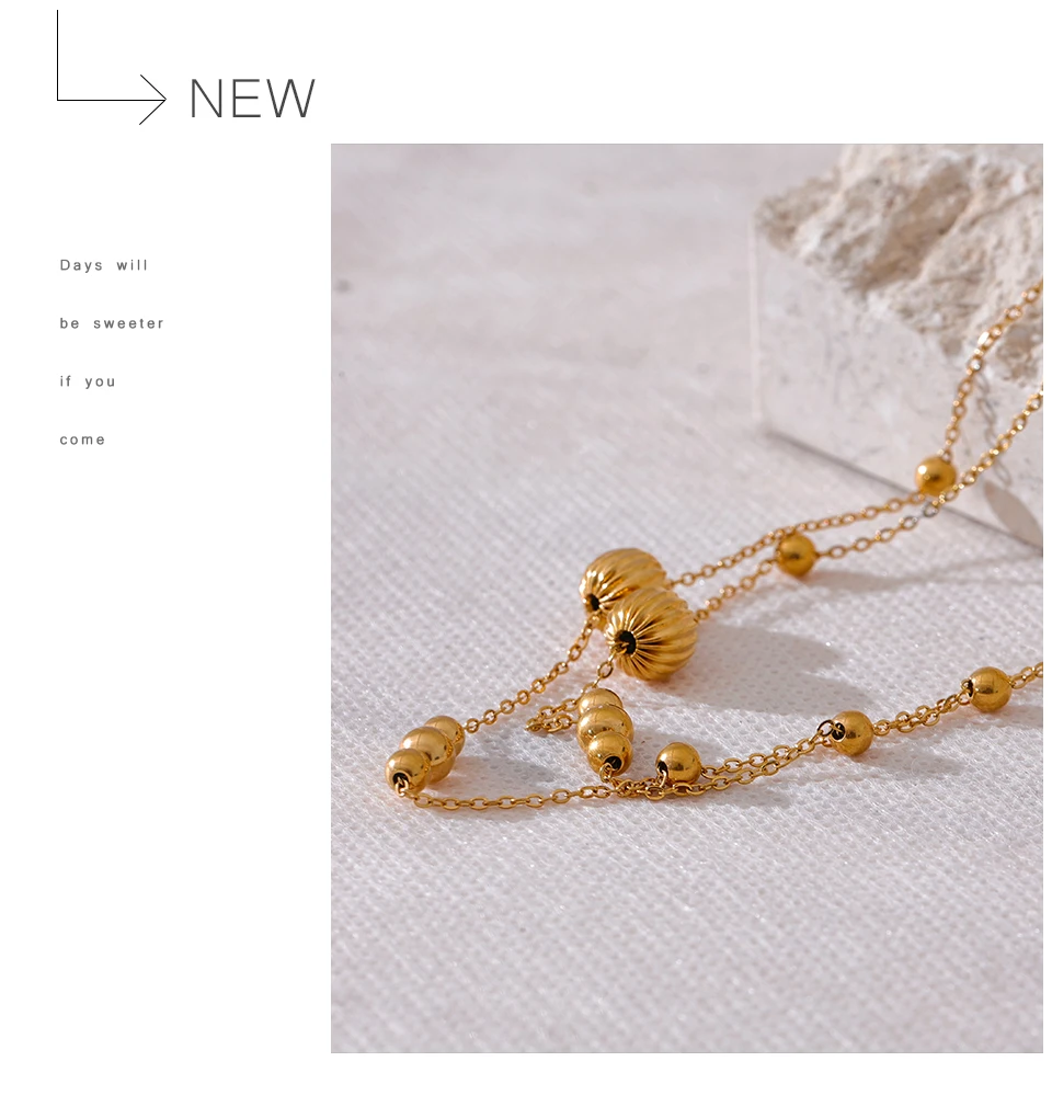 Yhpup Statement Stainless Steel Vintage Beads Chain Handmade Sweater Necklace Trendy Golden 18K Gold Plated Fashion Jewelry New
