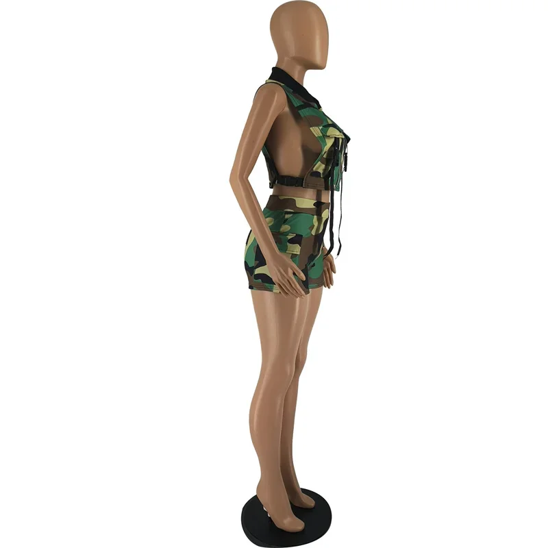 Camouflage Print Shorts Two Piece Set for Women Sleeveless Button Pockets Zipper Vest Crop Top and Shorts Matching Sets Outfits