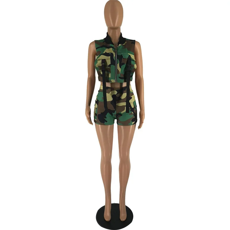 Camouflage Print Shorts Two Piece Set for Women Sleeveless Button Pockets Zipper Vest Crop Top and Shorts Matching Sets Outfits