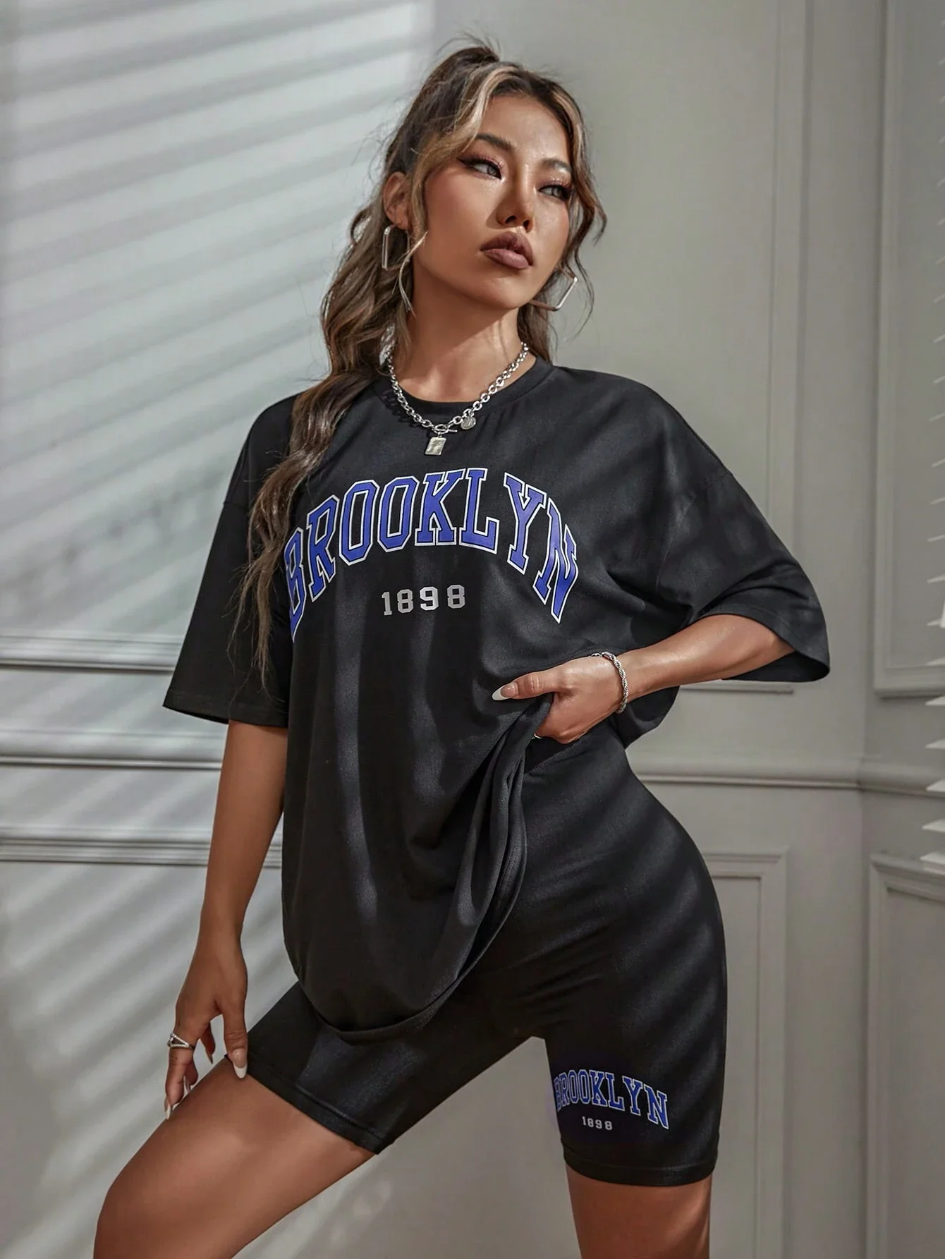 Brooklyn 1898 New York City Letter Graphic T-Shirts Set Women Summer Casual 2 Piece Set Oversized Shorts Cotton S-Xl T Shirts