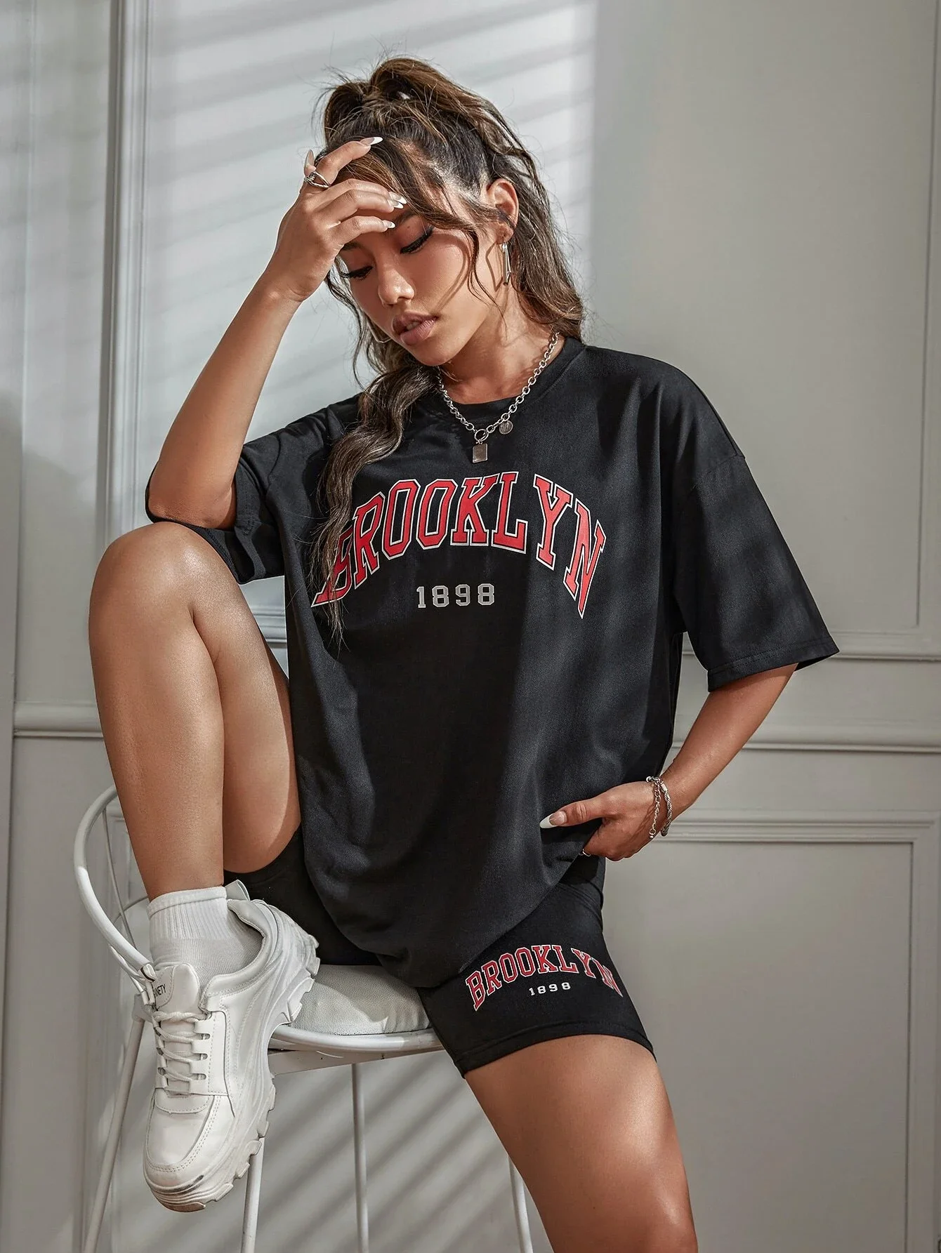 Brooklyn 1898 New York City Letter Graphic T-Shirts Set Women Summer Casual 2 Piece Set Oversized Shorts Cotton S-Xl T Shirts