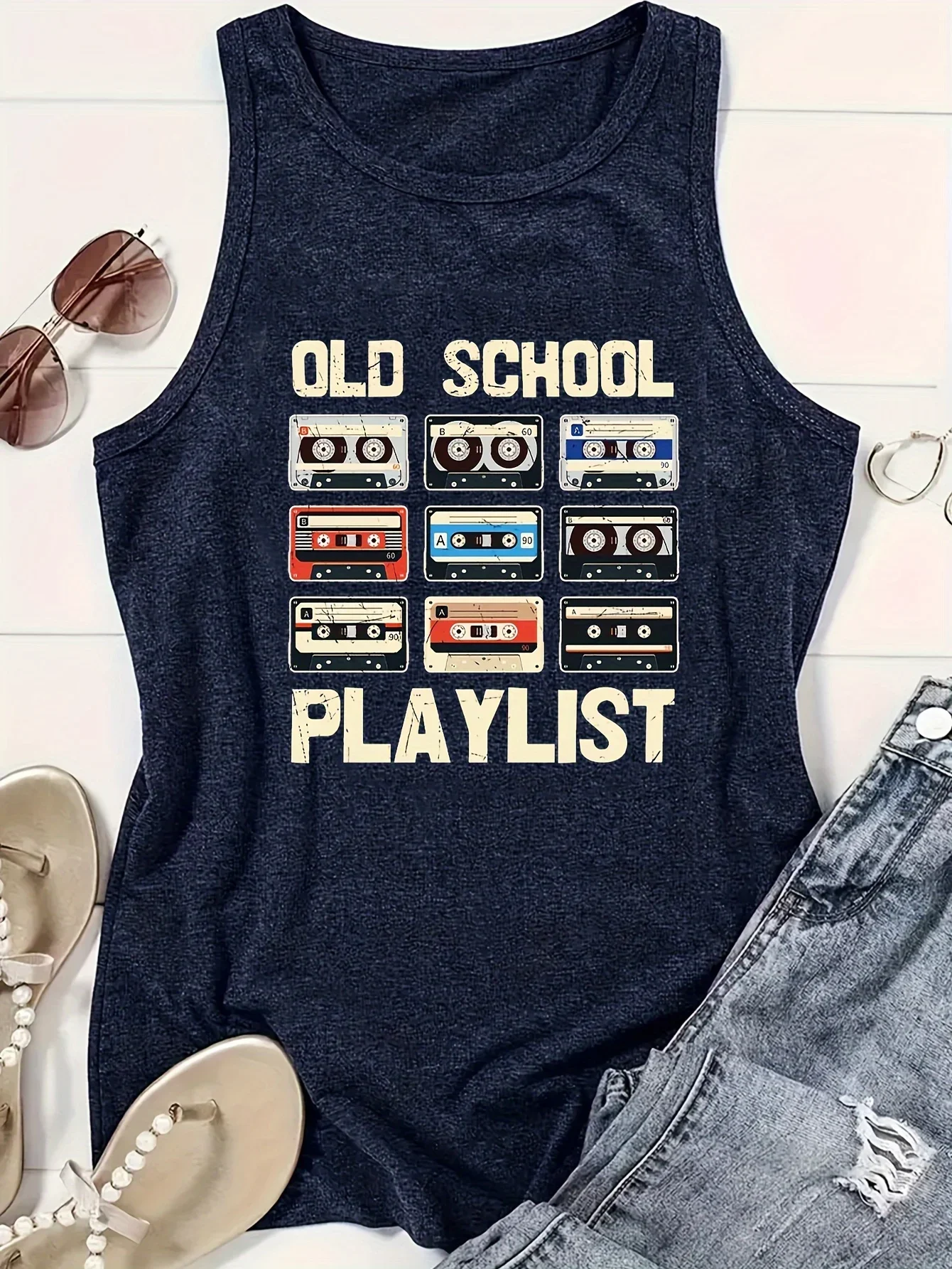 Tape & Letter Print Tank Top, Casual Sleeveless Tank Top For Summer, Women's Clothing