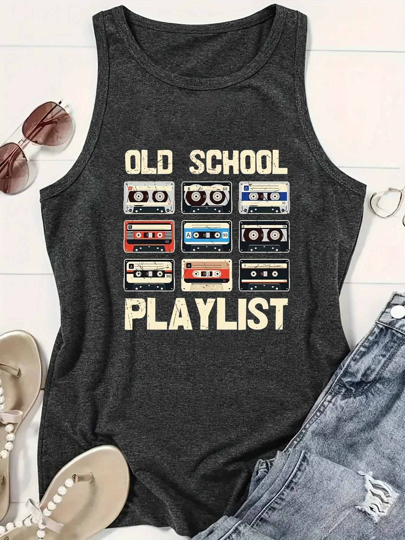 Tape & Letter Print Tank Top, Casual Sleeveless Tank Top For Summer, Women's Clothing