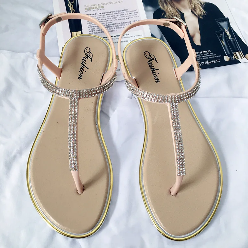 Summer Child Shoes Girl Diamond Inlay Flat Bottom Non-slip Sandals Students Party Open Toe Ceremony Shoes Kid Casual Beach Shoes