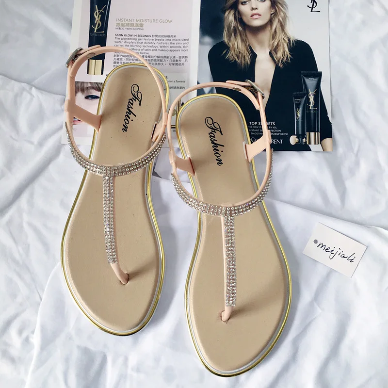 Summer Child Shoes Girl Diamond Inlay Flat Bottom Non-slip Sandals Students Party Open Toe Ceremony Shoes Kid Casual Beach Shoes