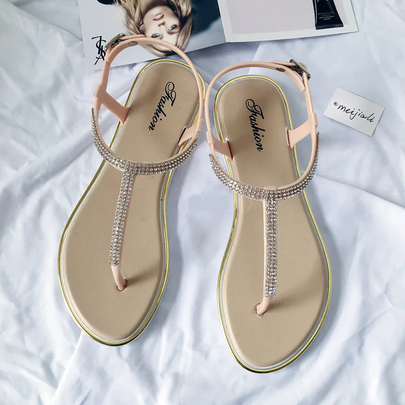 Summer Child Shoes Girl Diamond Inlay Flat Bottom Non-slip Sandals Students Party Open Toe Ceremony Shoes Kid Casual Beach Shoes