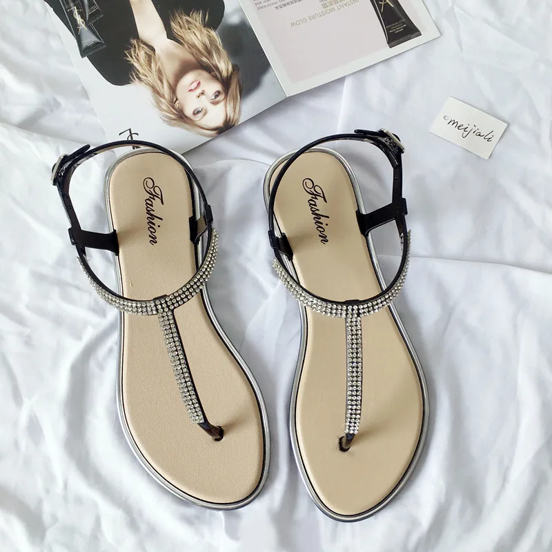 Summer Child Shoes Girl Diamond Inlay Flat Bottom Non-slip Sandals Students Party Open Toe Ceremony Shoes Kid Casual Beach Shoes