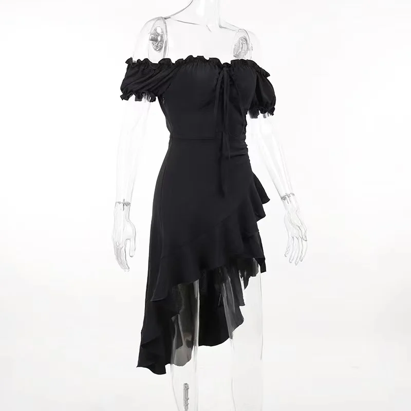 Summer Black A-LINE Dress Women Streetwear Sexy Off Shoulder Short Sleeves Ruffled Mid Length Dresses Club Elegant Partywear
