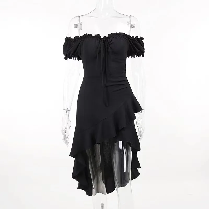 Summer Black A-LINE Dress Women Streetwear Sexy Off Shoulder Short Sleeves Ruffled Mid Length Dresses Club Elegant Partywear