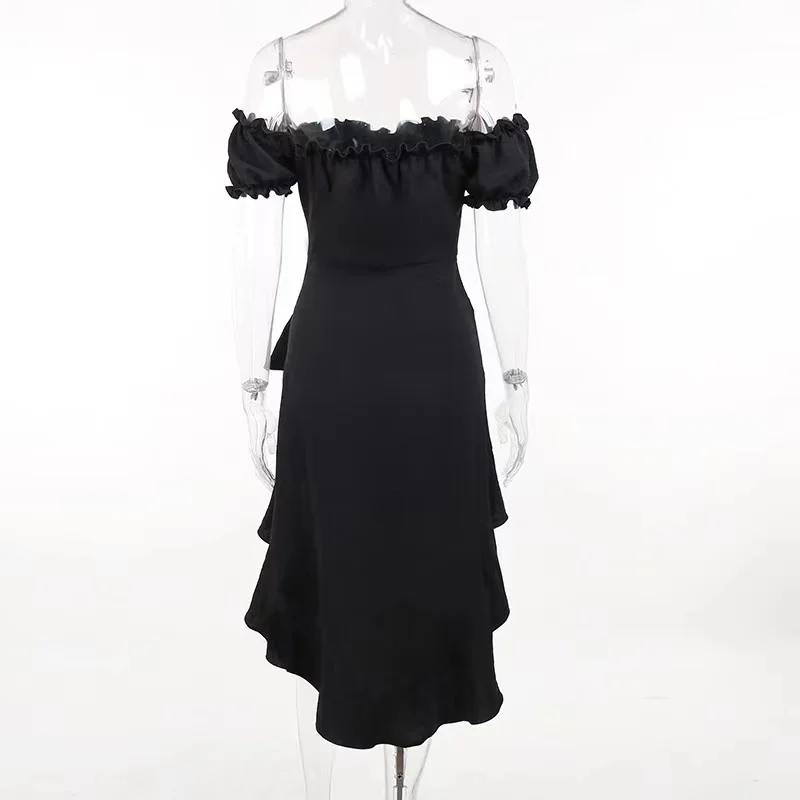 Summer Black A-LINE Dress Women Streetwear Sexy Off Shoulder Short Sleeves Ruffled Mid Length Dresses Club Elegant Partywear